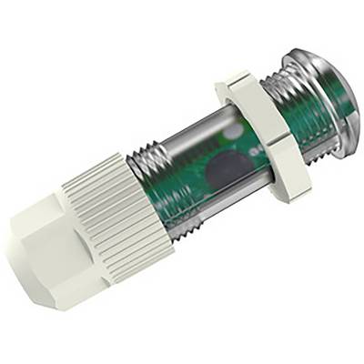 A transparent, cylindrical component with threads at both ends. Inside, green circuit boards and a black chip are visible.