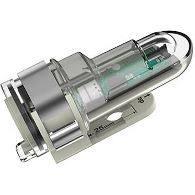 Transparent cylindrical fuse with metallic contacts. Contains coloured elements and markings on the surface.