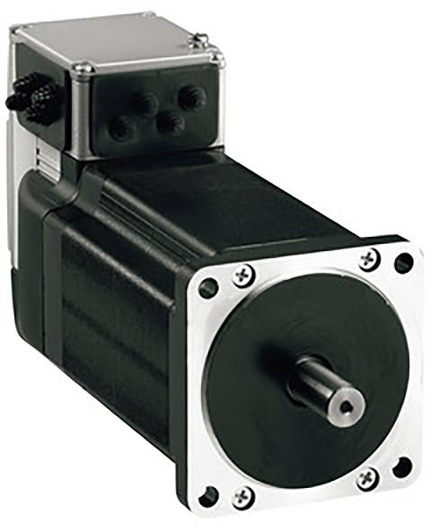 A black servo motor with a rectangular housing and rounded corners. Front face featuring a central shaft and mounting holes.