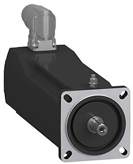 A black electric motor with a rectangular mounting plate and circular shaft, viewed from the front, with connections at the top.