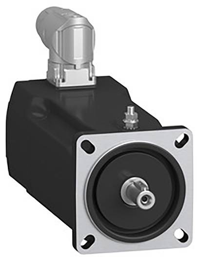 A black electric motor with a grey connection at the top and a square metal mounting bracket at the front.