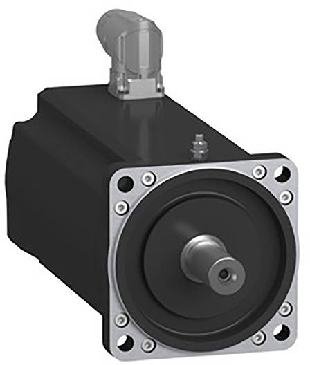 A black electric motor with a metal shaft and connection at the top, surrounded by a square metal plate with screw holes.