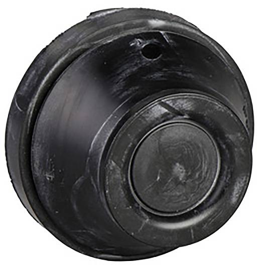 A single round black button with a slightly worn surface, possibly a press button or switch.