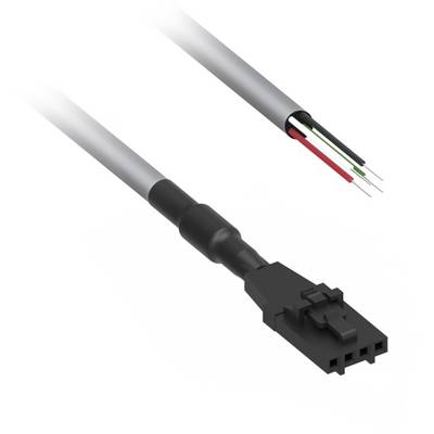 Cable with a black plug and exposed ends in red, green, and black. Suitable for connecting electrical devices.