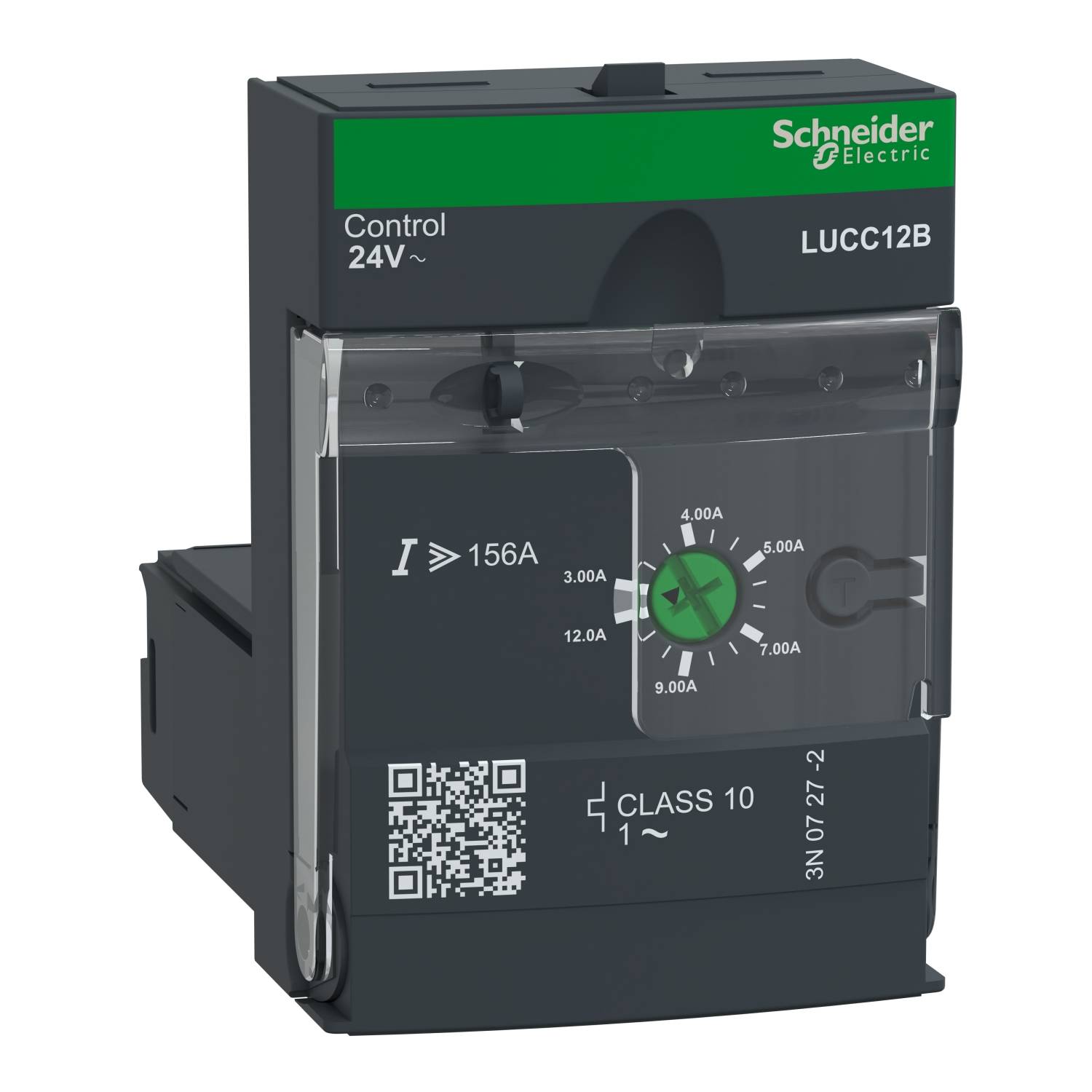 Black and green motor starter with 'Schneider Electric' logo, model 'LUCC12B'. Control voltage 24V AC, Class 10, current limitation up to 156A.