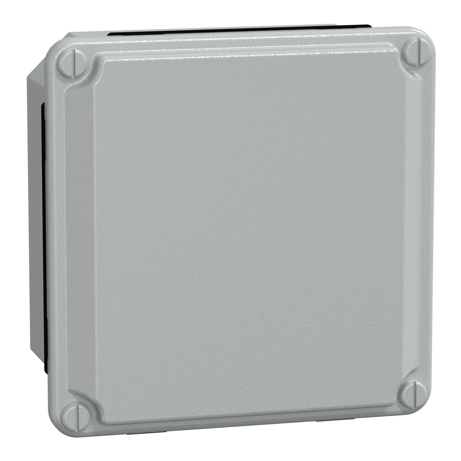 Grey, square plastic enclosure with rounded corners and screws at each corner. Suitable for outdoor electronics.