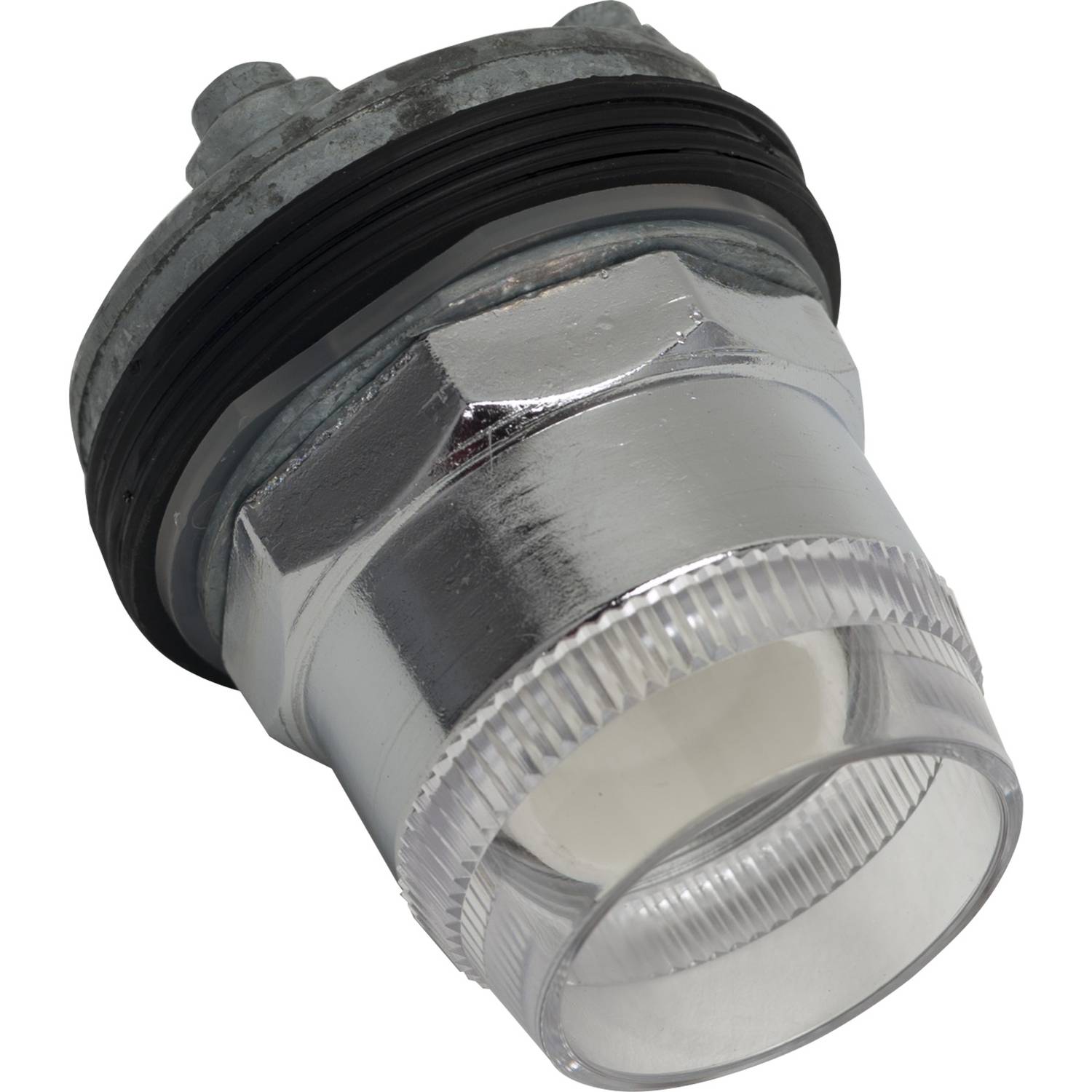 A silver, cylindrical metal component with threading and a rubber seal, potentially for mechanical or industrial applications.