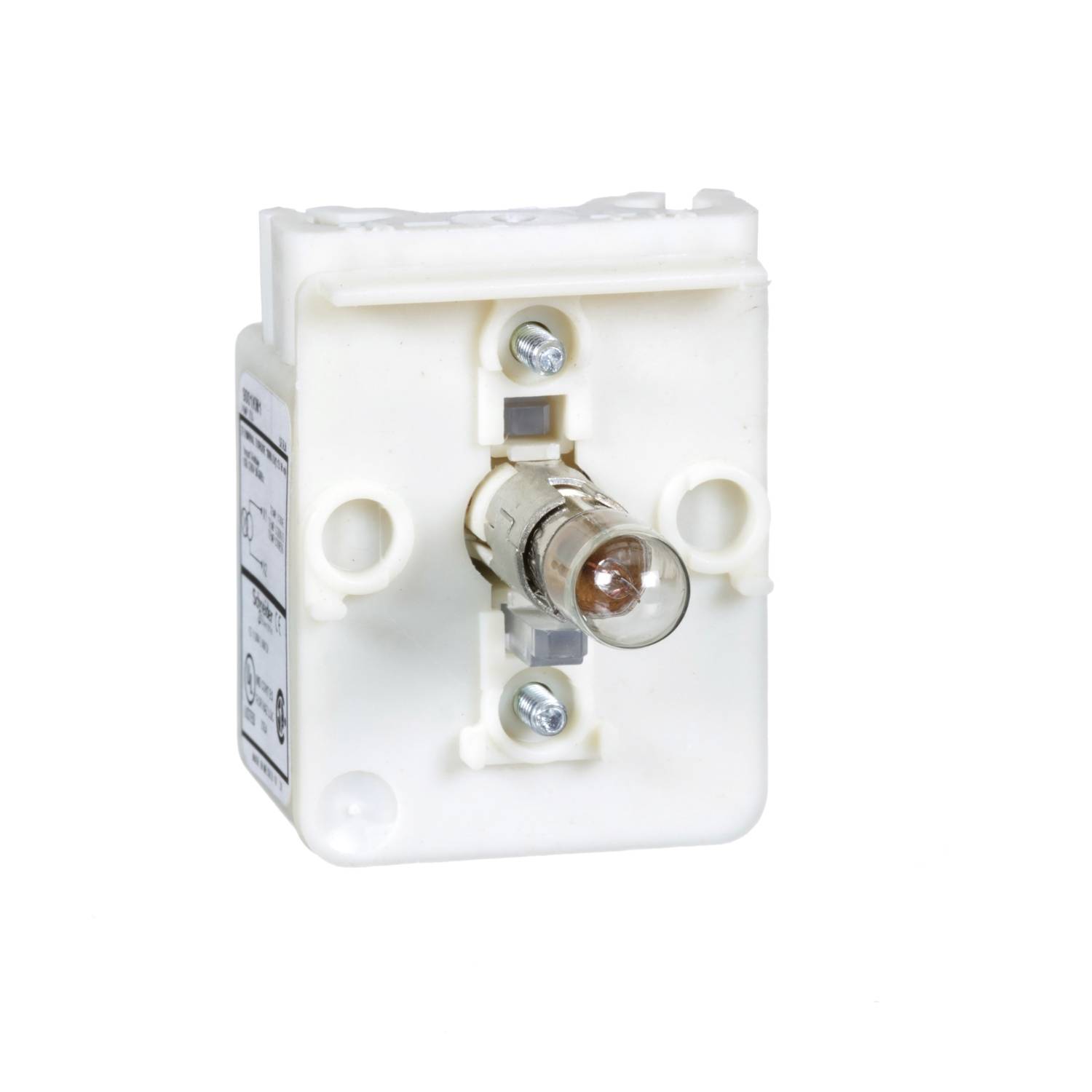 A white ceramic fuse holder with an inserted glass fuse, viewed from the front, with screw contacts at the top and bottom.