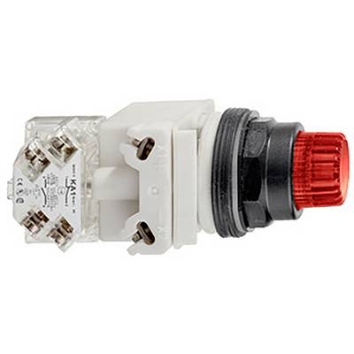 A red emergency stop switch, mounted on a white base with electrical connections.