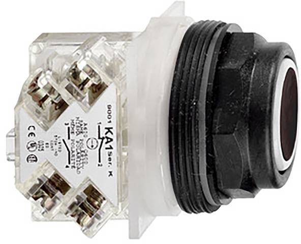 A black push button switch with a transparent base, displaying technical information and symbols.
