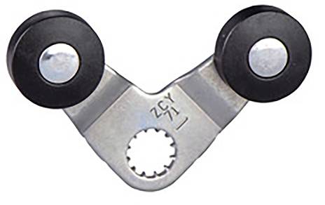 'ZSY 1' engraved on a metal pin. The object has a V-shaped design with two black, circular ends.