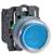 A round, blue push button on a black casing. The button is clear and glossy and appears robust for machine controls.
