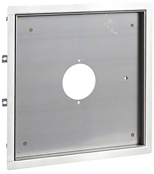 A rectangular metal frame with a central circular cutout, suitable for mounting purposes.