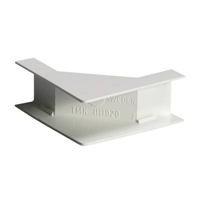A white, triangular plastic component with the inscription 'Sweden TMK IH1020', which serves as a connecting element for a specific purpose.