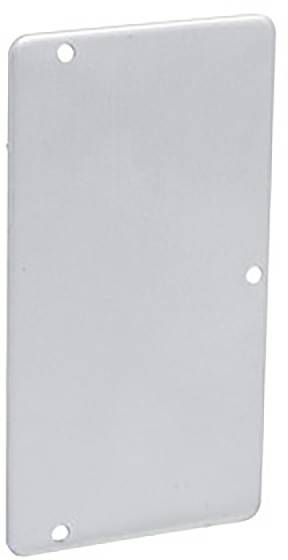 Grey, rectangular metal cover with four holes, often used for covering electrical sockets or junction boxes.