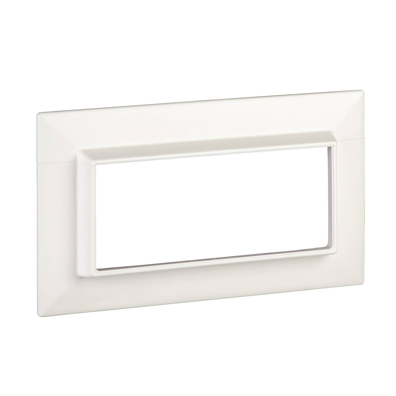 White rectangular plastic cover for sockets and switches, with a large, open central section for wall mounting.