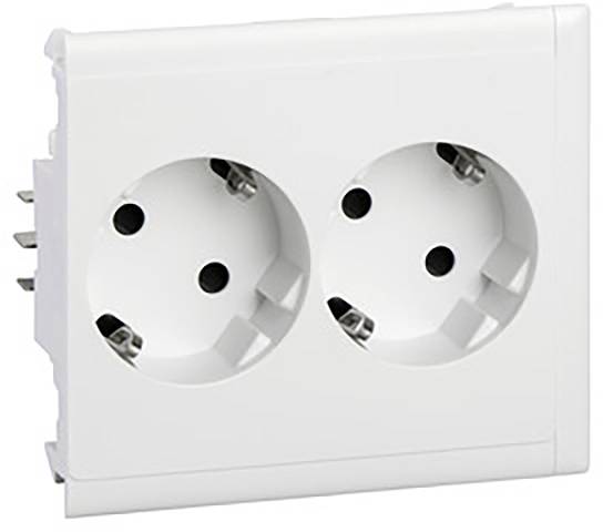 White double socket with two Schuko outlets, suitable for electrical connections in indoor spaces.