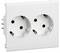 White double socket with two Schuko outlets, suitable for electrical connections in indoor spaces.