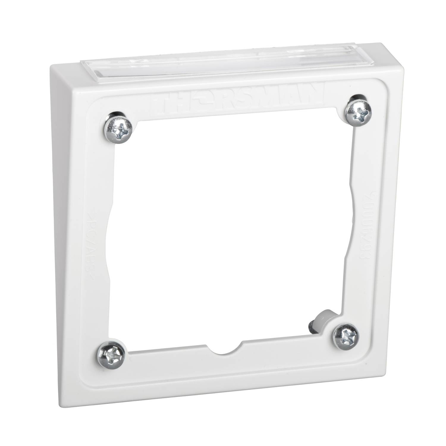 A white, square mounting frame with four silver screws, suitable for installing switches or sockets on the wall.