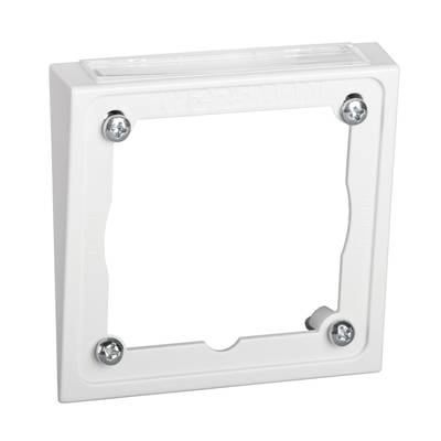 A white, square mounting frame with four silver screws, suitable for installing switches or sockets on the wall.