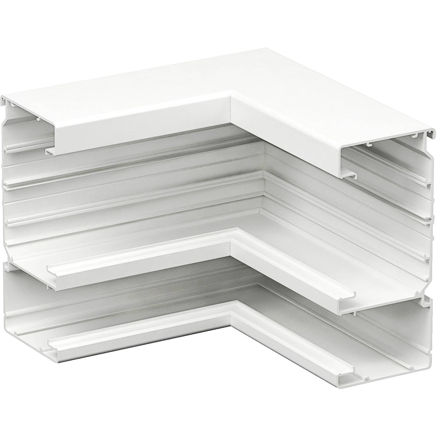 White plastic cable trunking corner for clean and secure cable routing, L-shaped for mounting on wall or ceiling angles.