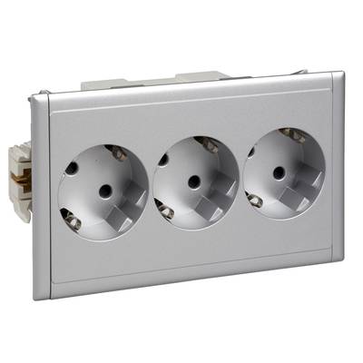 Triple socket with silver cover, suitable for wall mounting. Ideal for offices or living spaces.