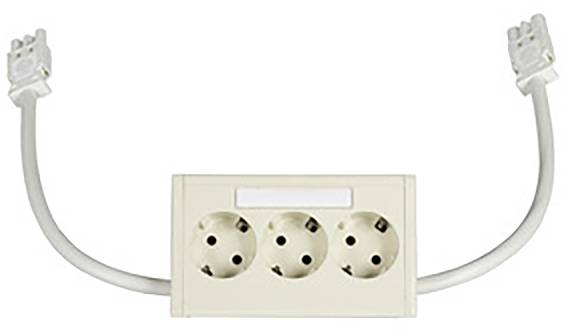 Three plug sockets with two cable ends on the left and right. Suitable for connecting multiple electrical devices to a power source.