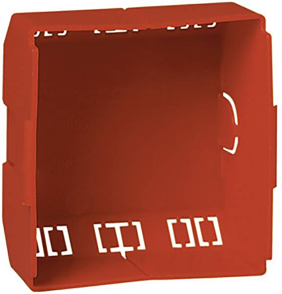 White plastic box with red markings, possibly for electrical installations, made of plain, empty, square-shaped material.