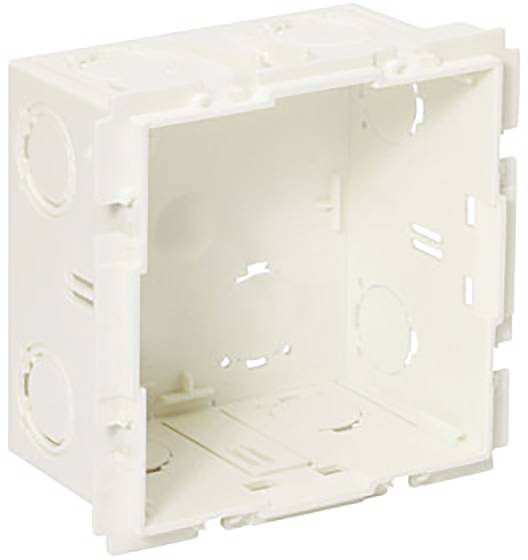 White rectangular plastic box with round cut-outs on the sides, open at the front, suitable for flush mounting.