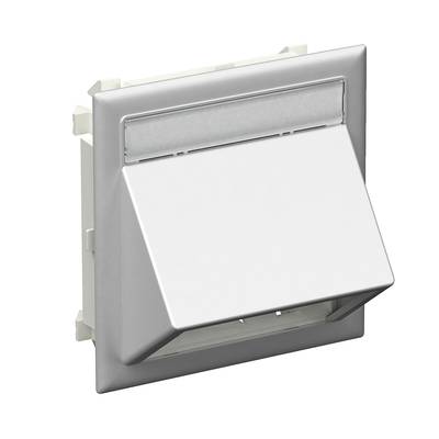 'Single white hinged cover for a socket in a silver frame mount, suitable for protection against dust and splashwater.'