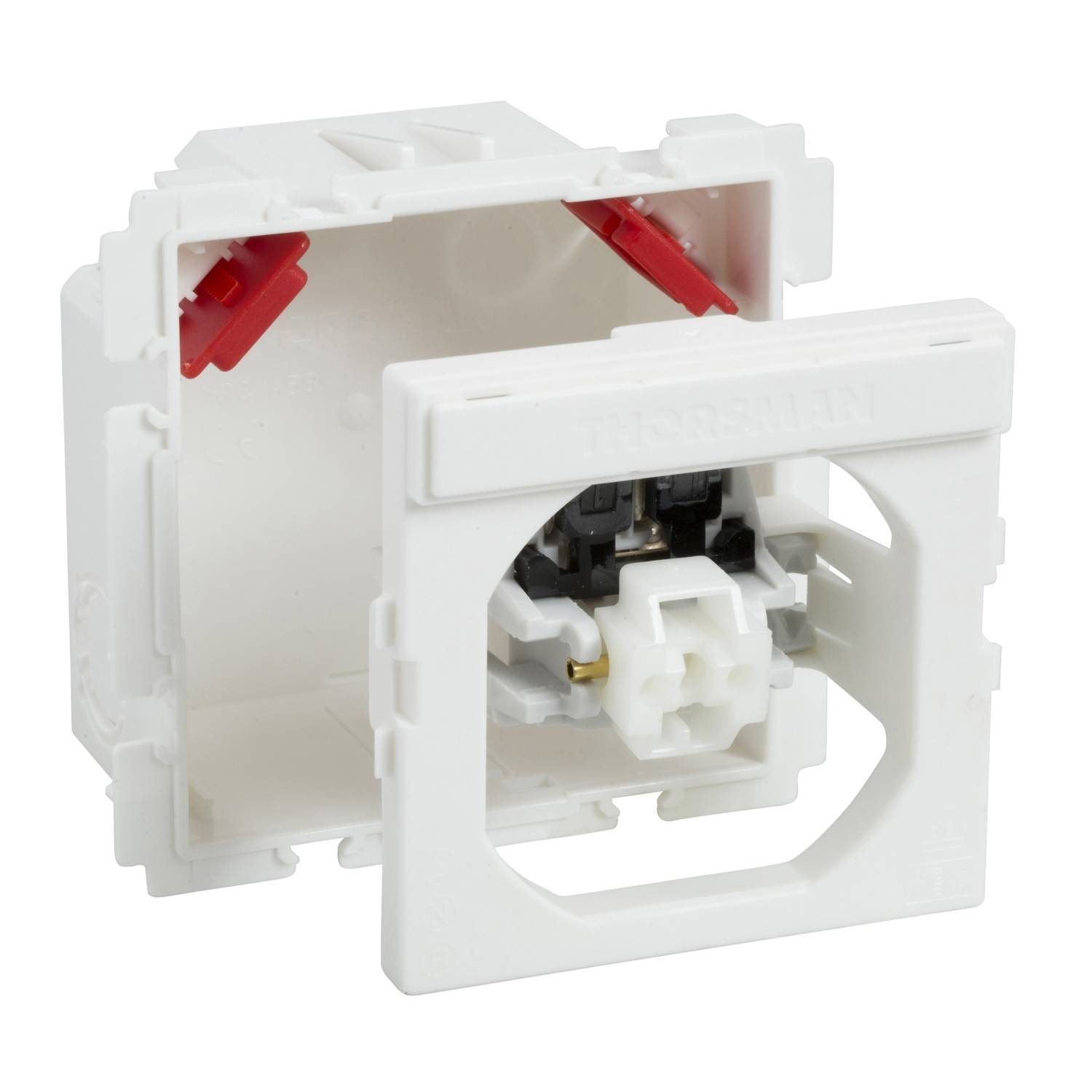 A white, square wall enclosure for sockets or switches, with an open frame and visible connection terminals inside.