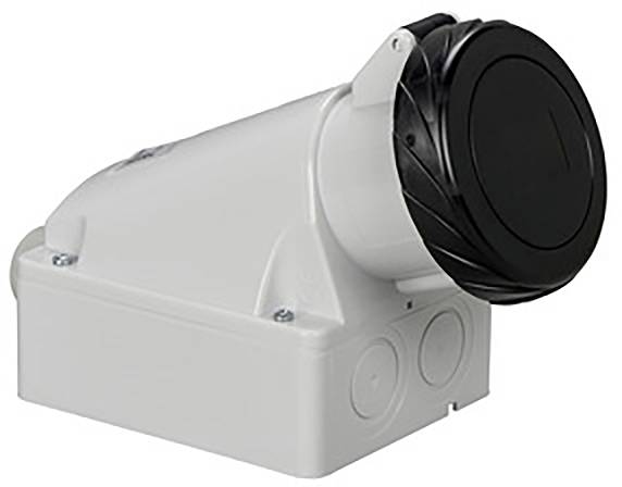 White, diagonally mounted electrical box with a black, cylindrical connection cover.