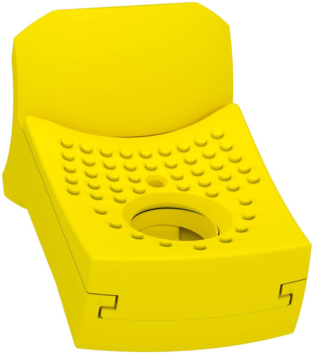 Yellow Lego Technic element that serves as a movable part in constructions, with studs on top and a circular opening in the centre.