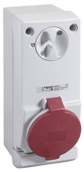 A white and red socket for industrial applications, mounted on a white wall. Brand name visible on the front.