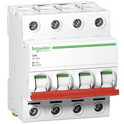 A 4-pole isolator from Schneider Electric with a red switch for controlling electrical circuits.