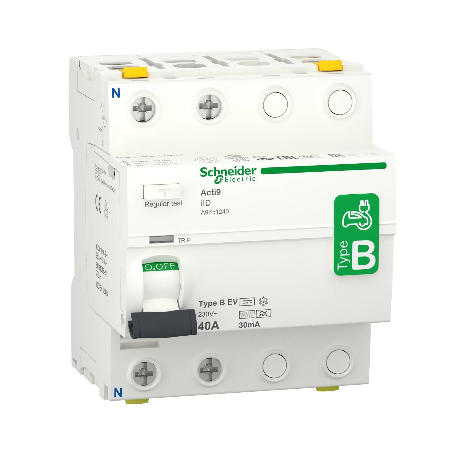 A white circuit breaker by Schneider Electric, Type Acti9, with green and grey markings indicating specifications.