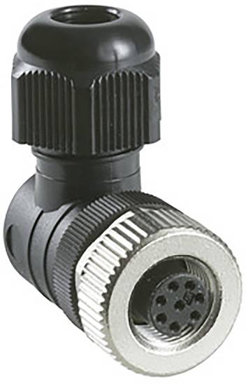 A black, right-angled connector with multiple contact points and a metallic thread, suitable for electrical connections.