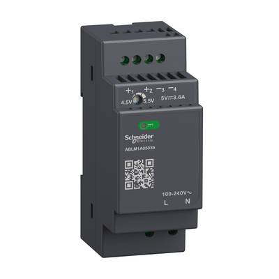 Industrial power supply unit by Schneider Electric, model number ABLM1A06036, for DIN rail mounting. It has a black housing.