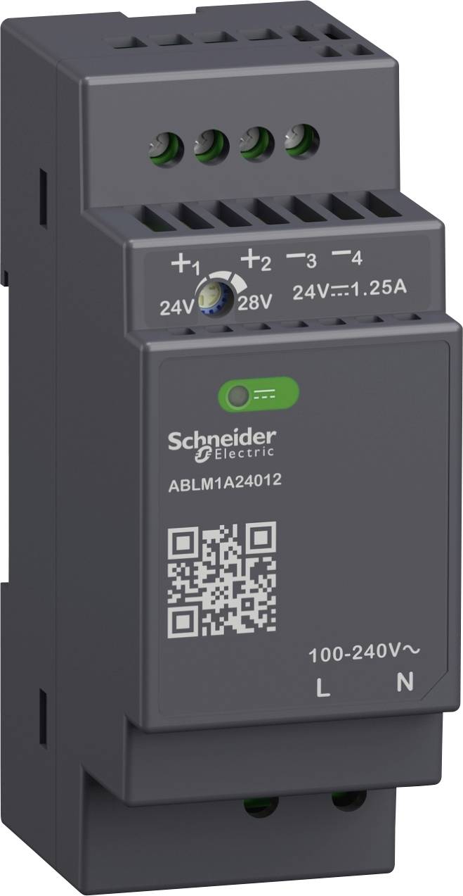 A grey power supply unit from Schneider Electric with model number 'ABLM1A24012', suitable for 100-240 V, 24 V output up to 1.25 A.