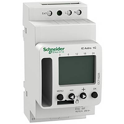 A programmable time switch with display and control buttons from Schneider Electric, mountable on DIN rail.