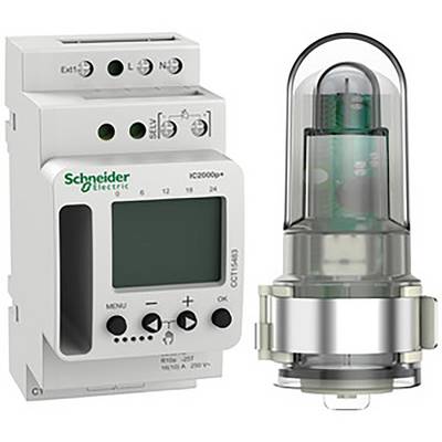 Schneider Electric device with screen on the left, next to a transparent cylinder with internal components.