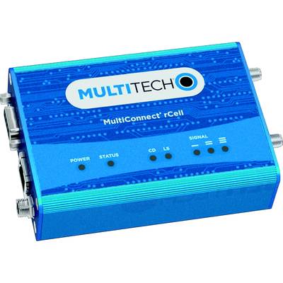 A blue MultiTech MultiConnect rCell modem with multiple LED indicators for Power, Status, CD, LS and Signal, with connections on the sides.