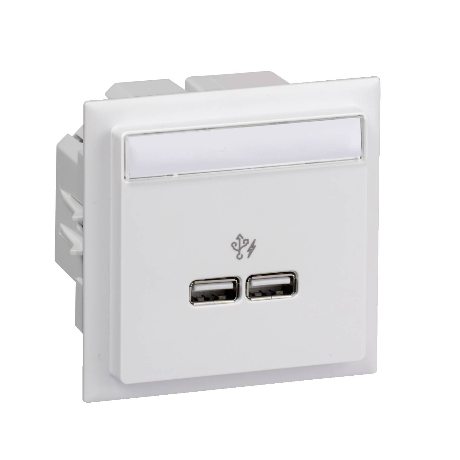 White USB socket with two USB ports, built into a wall mount.