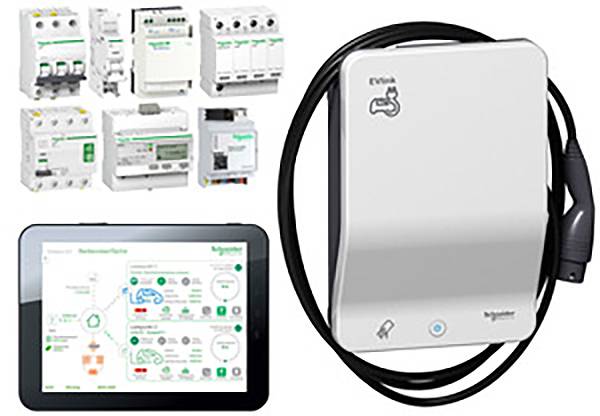 Tablet displays energy management software next to an electric vehicle charging station and various electrical components.