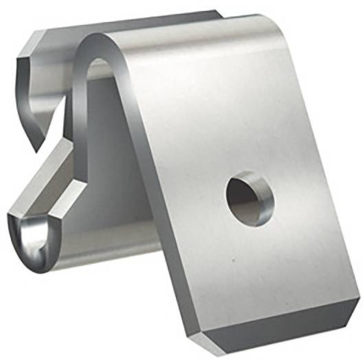 Stainless steel metal clip with a curved design and circular hole, used in construction or assembly.