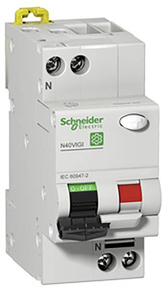 Schneider Electric circuit breaker, Model N40 Vigi. Switch showing "ON" position. Suitable for electrical safety systems.