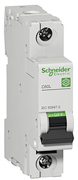 A grey circuit breaker by Schneider Electric with a green logo. The switch is in the "OFF" position. Model number: C60L, IEC 60847-2.