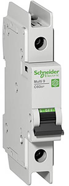 An electrical circuit breaker by Schneider Electric in a narrow, grey enclosure with a black toggle switch.