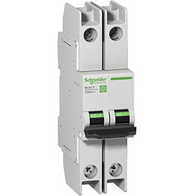 Electric power circuit breaker with two switches, brand name at the top, green lettering on the switches.