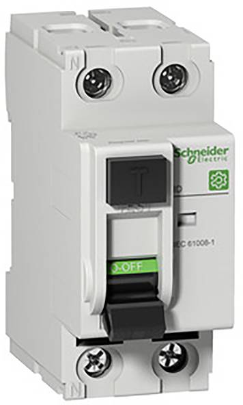 Schneider Electric switch with green 'OFF' lettering and two terminals. Device for electrical control and safety.